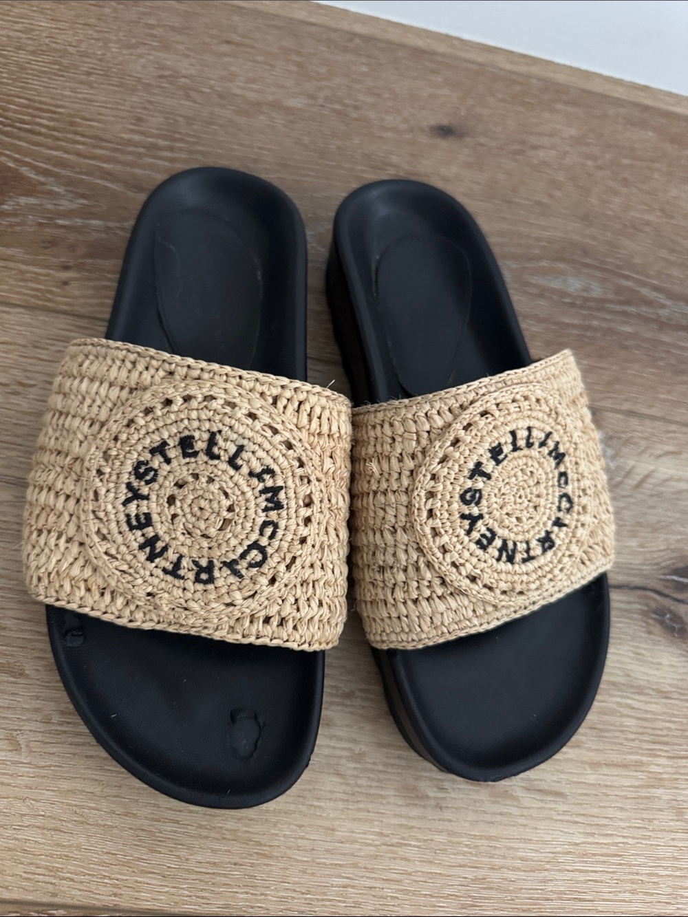 Stella McCartney Black Footbed Raffia Slide Sandals